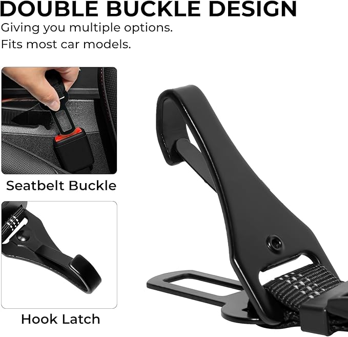 Dog Seat Belt for Car Seatbelt Clip or Hook Latch, Adjustable Reflective Bungee Dog Leash with Locking Zinc Alloy Carabiner, Elastic Buffer, Fits Most Cars/SUVs/Trucks (Black)