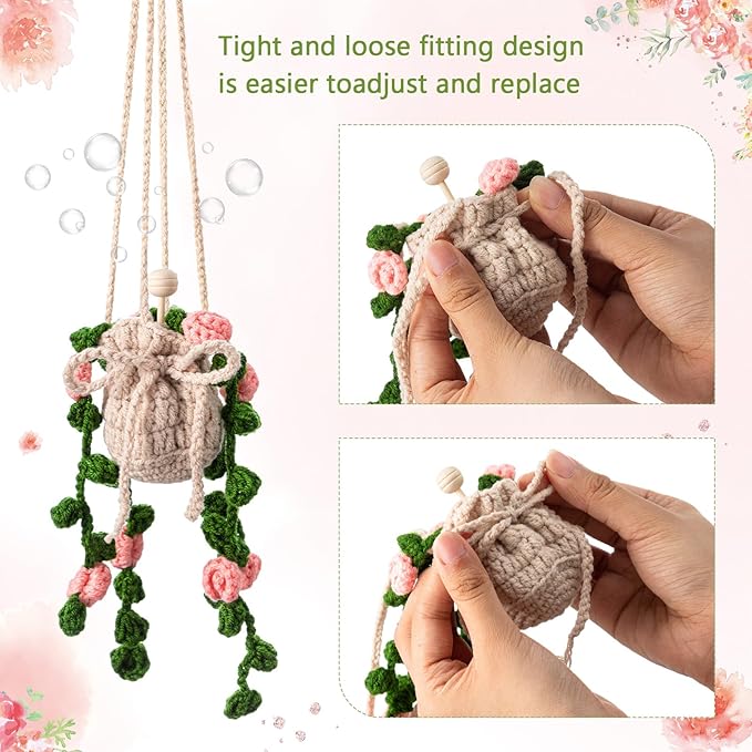 Cute Crochet Plant Car Freshener 12ml Empty Refillable Diffuser Bottle with Plants Hanging Accessories for Rearview Mirror Home Office Decor Women Mother's Day Gifts(Flower)