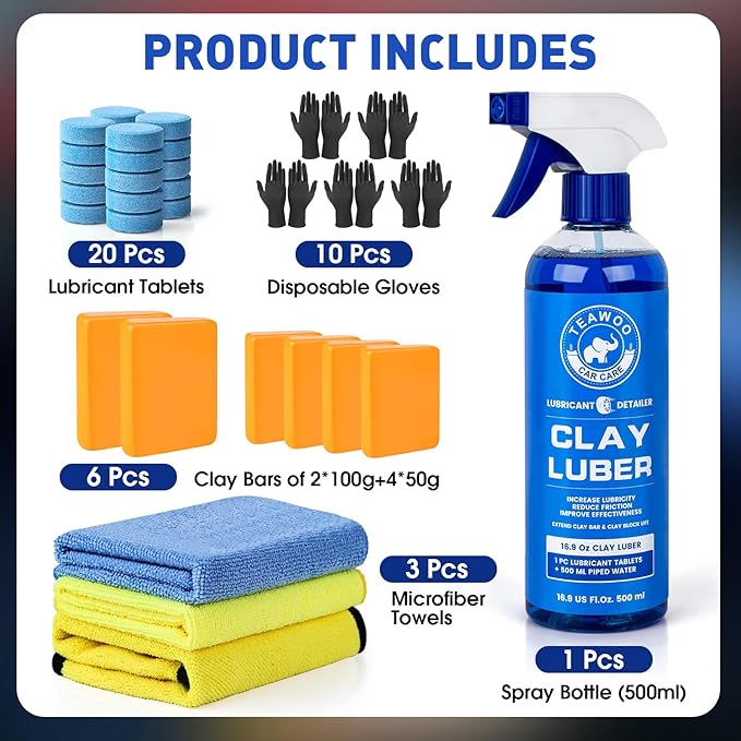 Clay Bars Kit, 6 Clay Bars & 20 PCS Lubricant Tablets, Complete Car Detailing Kit, Spray Bottle, Disposable Gloves and Microfiber Towels for Car Detailing Cleaning