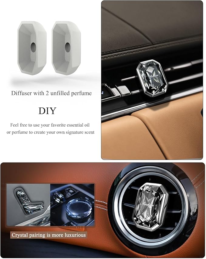 Car Air Freshener Diffuser,Essential Oil Diffusers Vent Clip,Advanced Crystal Automotive Parts，Contains 2 odorless container pieces,Metal and Crystal Design，First choice for gifts