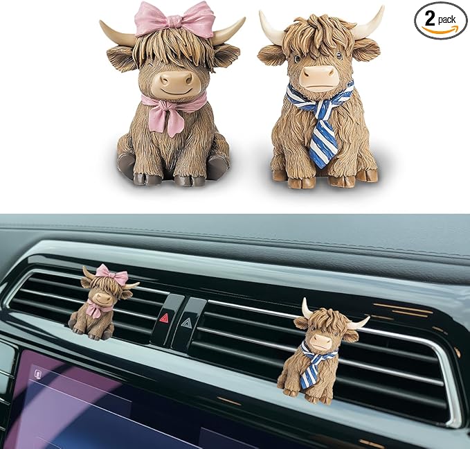 GENANY 3D 2pcs Resin Highland Cow Car Air Freshener Vent Clips, Farmhouse Auto Fresheners, Farm Air Freshener, Cute Gifts for Women and Men, Cool Spring Gifts For Horror Fans