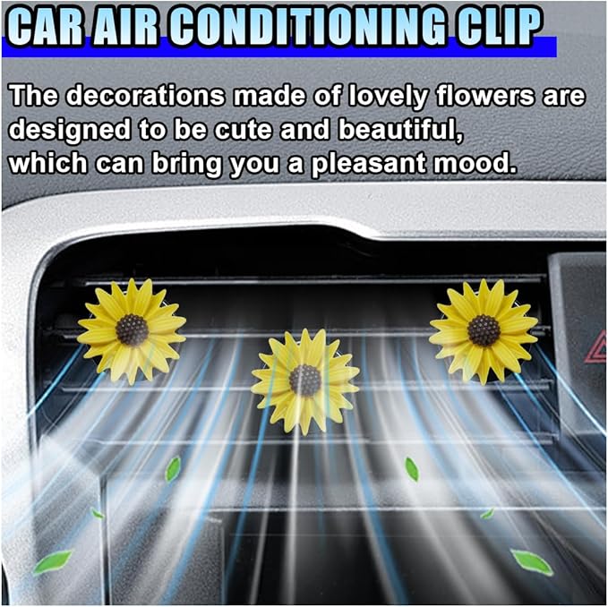 3PCS Daisy Flower Car Dashboard Air Vent Trim Clip, Cute Daisy Air Conditioner Outlet Clip Car Charm for Women, Car Air Vent Clip Auto Interior Decoration for Girls Present (Yellow)