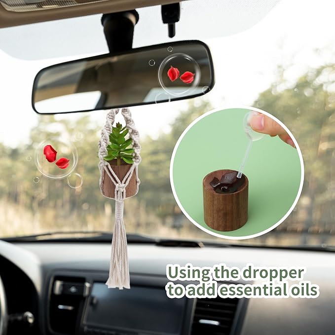 2 Pack Car Air Freshener Mirror Hanging Accessories Mini Macrame Crochet Plant with Wooden Essential Oil Diffusers Cute Boho Plant for Rear View Mirror Home Office Decor