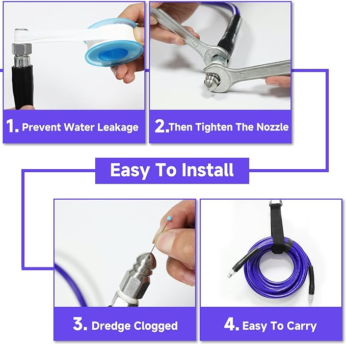 NIFUAL 150FT Sewer Jetter Kit for Pressure Washer, 5800PSI Drain Cleaner Hose 1/4 Inch NPT Corner, Rotating and Button Hose Sewer Jetting Nozzle Waterproof Tape Pearl Corsage Pin Spanner Glove