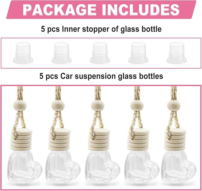 5 pcs Car Hanging Empty Glass Perfume Bottles Pendant Bottle, DIY Air Freshener Pendant, Empty Clear Glass Essential Diffuser Oil Aromatherapy, Glass Bottle Decor (Heart Shape)