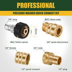 Pressure Washer Quick Connect Kit, M22 Swivel to 3/8'' Quick Connect, 3/4'' to Quick Release, M22 14mm Quick Connect Pressure Washer Fittings Adapter Suitable for pressure cleaning machine kit, Brass
