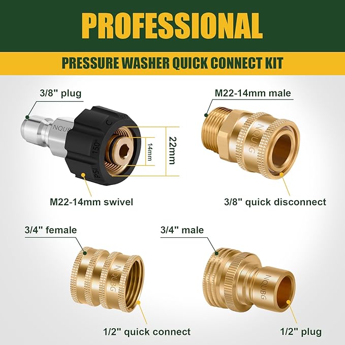 Pressure Washer Quick Connect Kit, M22 Swivel to 3/8'' Quick Connect, 3/4'' to Quick Release, M22 14mm Quick Connect Pressure Washer Fittings Adapter Suitable for pressure cleaning machine kit, Brass