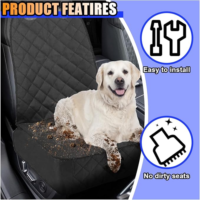 Dog Car Front Seat Cover with Side Flaps, Waterproof & Scratch Proof Car Seat Protector for Dog, Nonslip Pet Car Seat Pad with Safety Belt, Fit for Most Cars SUVs Trucks Jeeps (Black)