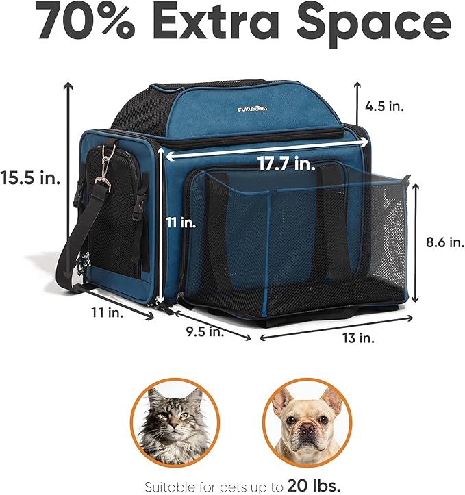 FUKUMARU Expandable Cat Carrier, 18x11x11 Soft Cat Travel Carrier, Ventilate Airline Approved Dog Carrier, Durable Small Dog Carrier with Anti-Scratch Mesh, Escape-Proof Pet Carrier for Cat, Blue