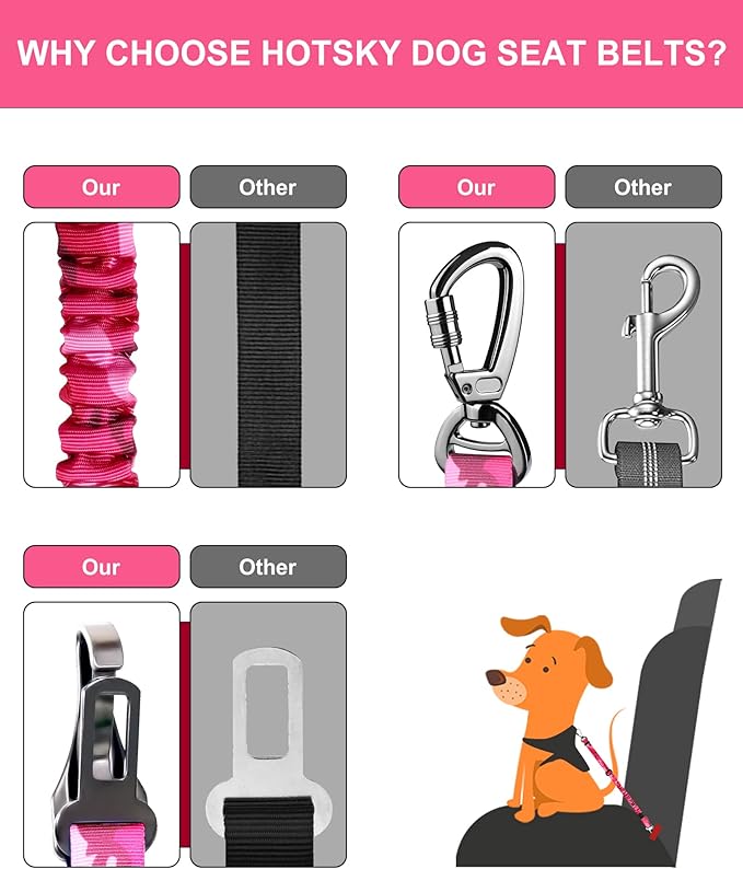 Hotsky Dog Seat Belt, Adjustable Safety Seatbelt 3-in-1 Car Harness for Dogs in Car Nylon Elastic Bungee Buffer Tether with Clip Hook Latch Buckle Swivel Zinc Alloy Carabiner(Hotpink Camo)