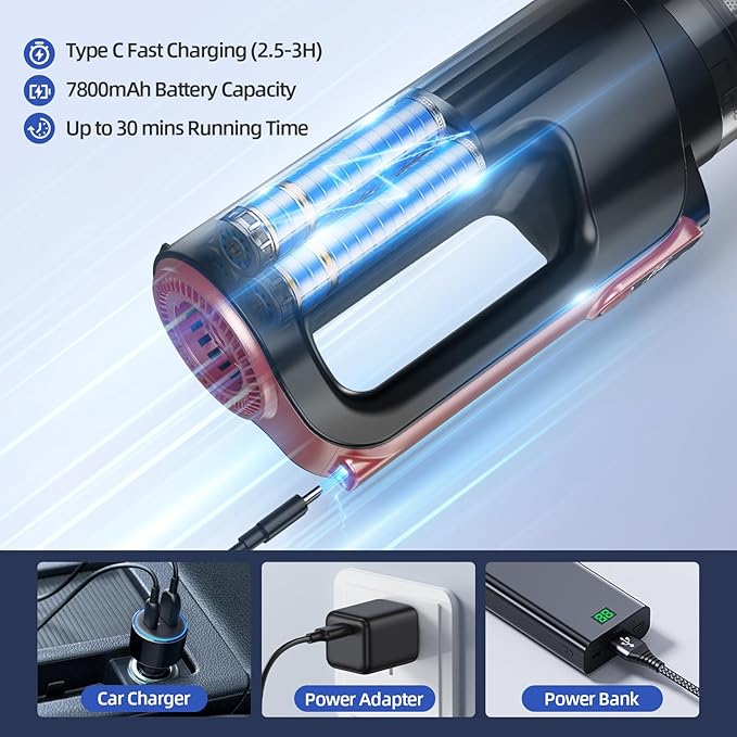 Handheld Vacuum Cleaner, 18000Pa 2 in 1 Cordless Car Vacuum Cleaner&Air Duster, 130W Brushless Motor with 7800mAh Battery, LED Light and Multi-Nozzles, Portable for Home, Car, Office, Pet