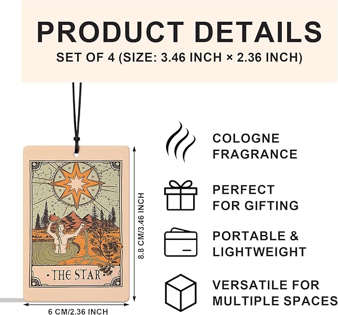 Vintage Boho Witchy Tarot Card Car Air Freshener 4 Pcs, the Star Sun Lovers Moon Tarot Card Air Freshener Hanging for Cars Books Closet Drawer, Witchy Car Accessories for Women Men