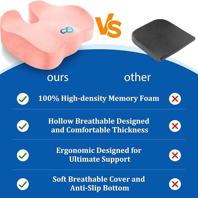 Seat Cushion, Chair Cushions, Office Chair Cushions, Anti-Slip Bottom & Removable Cover Tailbone Pain Relief Cushion, Memory Foam Seat Cushion, 5.28 in Thick (Pink)