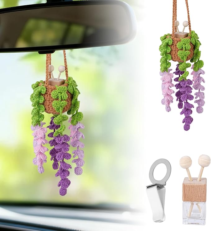 Crochet Car Air Freshener, 8ml Empty Refillable Oil Diffuser Bottle with Hanging Crochet Purple Wisteria Plant & Hanging Tools, Car Rearview Mirror Diffuser for Wall Art & Home & Office Decoration