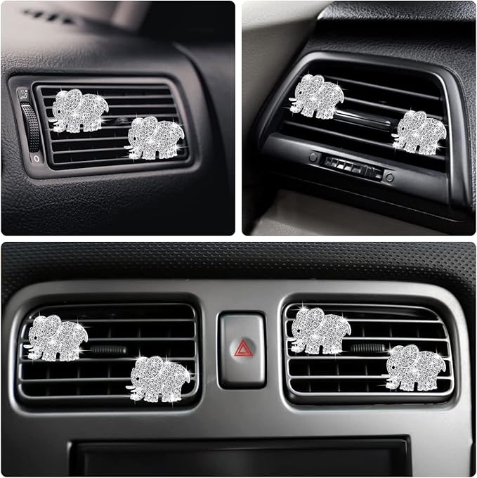 Bling Elephant Air Vent Clips, 4 Pcs Crystal Elephant Car Air Fresheners Vent Clips Diffuser Vent Clip Rhinestone Diamond Car Decoration Interior Decor Bling Accessories for Women