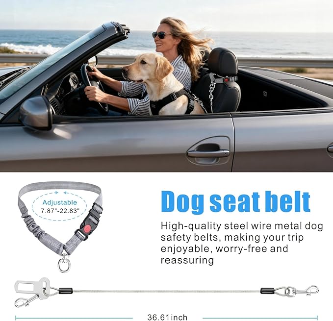 Idepet Dog Seat Belt for Car, 2 Pcs Stainless Steel Chew Proof Dog Seatbelt 3 in 1 Harness for Safety Heavy Duty Pet Seat Belt for Medium & Large Dogs Grey