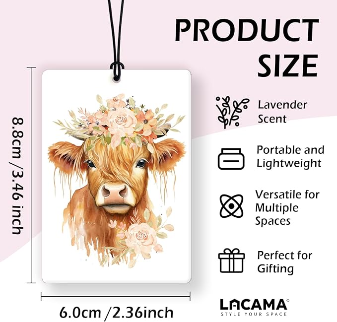 Lacama Floral Highland Cow Car Air Freshener 3Pcs, Cute Western Cow Flower Cars Scents Air Freshener for Women Girls Gifts, Western Cows Car Accessories Interior Mirror Decor Hanging
