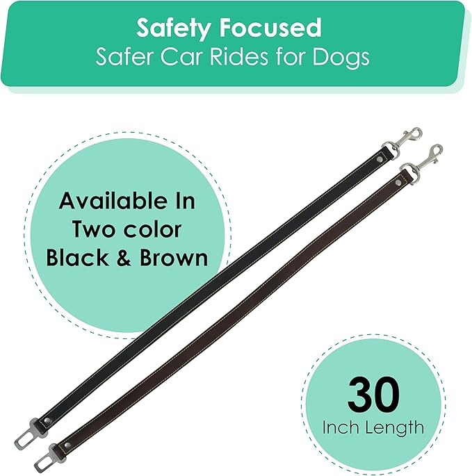 Genuine Leather Dog seat Belt for car, Safe Distraction Free Driving, Heavy-Duty Design with Military Grade Hardware, Harness for Small, Medium and Large Pets (Brown, 30")
