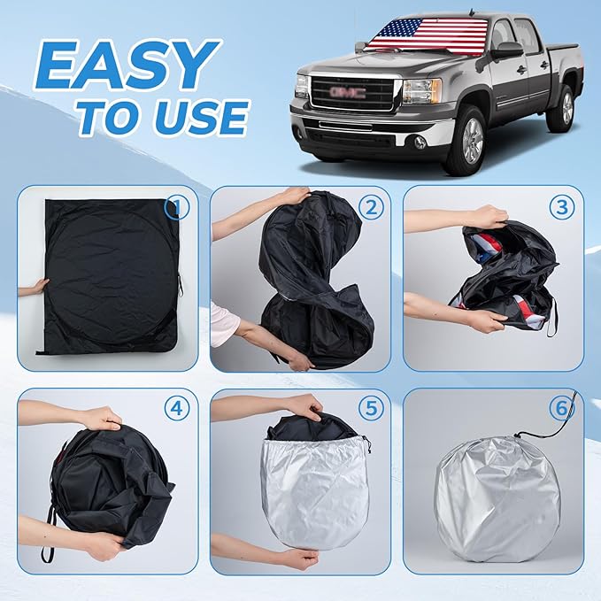 Windshield Sun Shade Original American Flag USA Patriotic Design - Folding Car Front Window Sunshade for Cars SUV Trucks, Max UV Blocking and Keep The Vehicle Cool