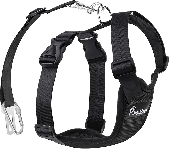 Pawaboo Breathable Dog Seat Belt Harness for Car, Adjustable Dog Safety Vest Harness with Vehicle Connector Strap, M, Black + Silver