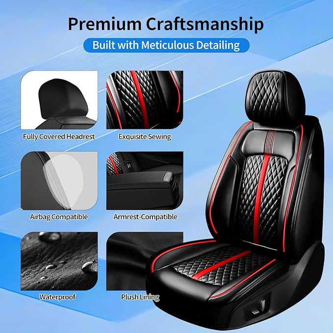 Car Seat Covers (Front Pair) for Select Honda Fit 2007-2020 - Premium Full Coverage Leather, Airbag Compatible & Scratch-Resistant, Waterproof & All Weather Seat Protector, Red Trim