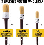 Car Detailing Brush Set 3-pc - Scratch-Free Boars Hair for Interior and Exterior Work - Pro Quality Car Cleaning Brush Kit for Leather Seats, Dashboards, Wheels, Grills and Paint
