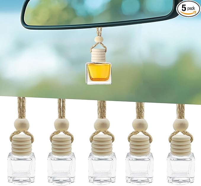 5PCS Hanging Car Air Freshener, Car Air Freshener Diffuser, 8ml Empty Glass Auto Oil Perfume Aromatherapy Diffuser Charms, Refillable Perfume Bottles for Most Vehicles (Square, Style 1)