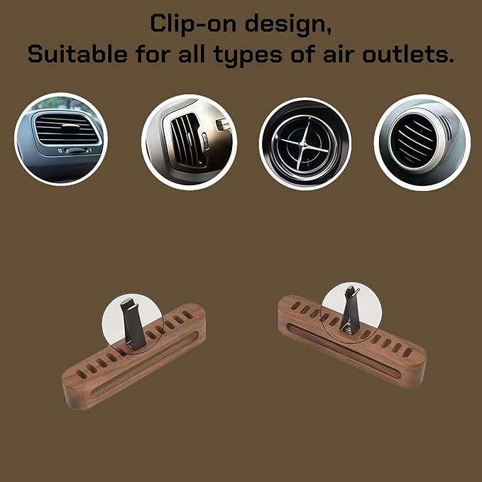 Natural Walnut Wood Vent Clip for Car (2-Pack) - Refillable Aroma Diffuser Base, Includes 10 Unscented Absorber Sticks - Elegant Air Freshener for Car, Home, Office & More