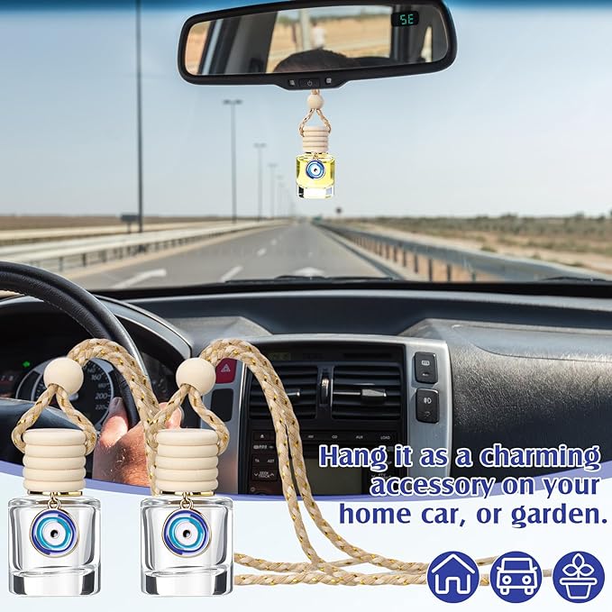 Qinyoung 30 Pack Employee Appreciation Gift Hanging Car Air Freshener Diffuser Bottles Empty Bulk Essential Oil Perfume Car Diffuser Pendant Bottle with Evil Eye Charms Gift for Valentines Galentines