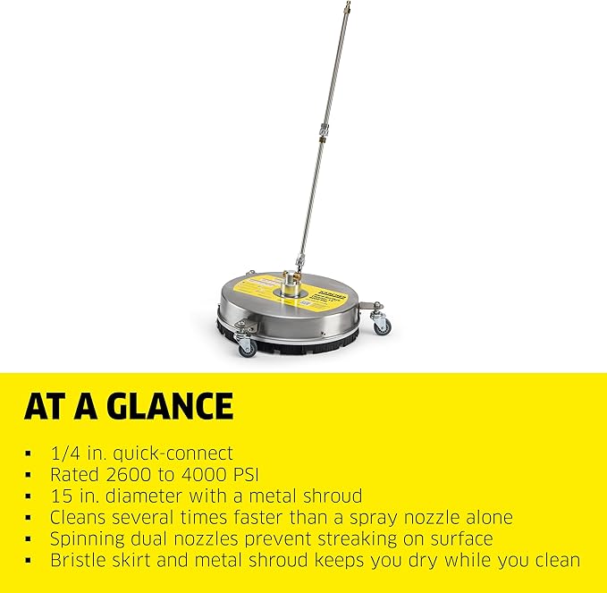 Kärcher Pressure Washer Surface Cleaner 15", 3 Wheels, Stainless Steel, Quick Connect, 4000 PSI, Ideal for Driveways, Patios, Decks, Sidewalks