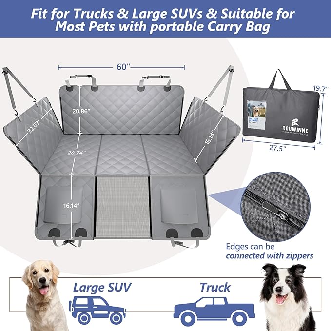 Back Seat Extender for Dogs Truck-Large Space, Dog Pet Seat Cover Back Seat Hard Bottom Holds 420lbs, Waterproof Dog Hammock for Crew Cab Trucks F150, RAM1500, Sierra, Tundra, Silverado, Grey