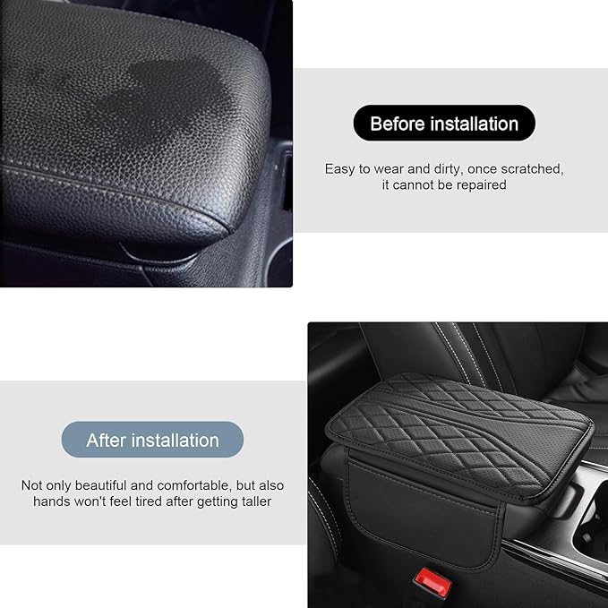 Car Center Console Cover, Leather Auto Armrest Cover with 2 Storage Bags, Universal Cars Armrest Cushion, Vehicle Interior Accessories Protector for Sedan, SUV, Truck (Black)