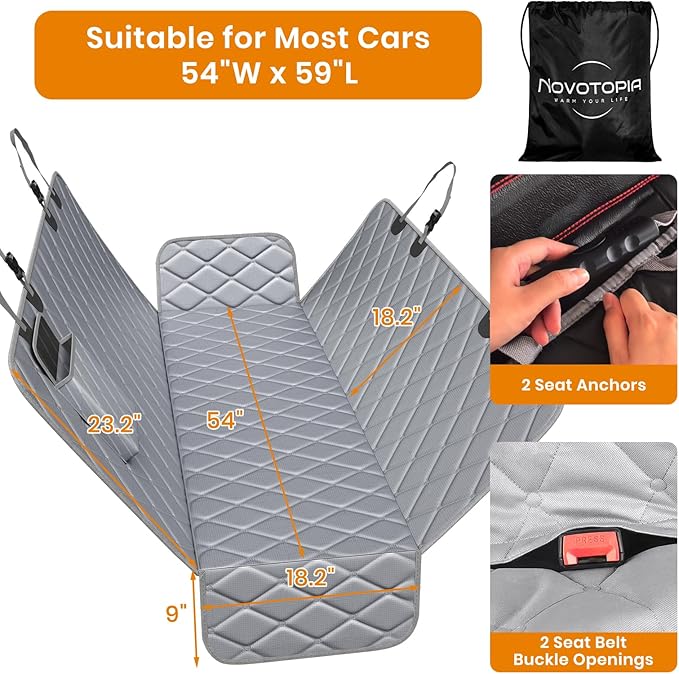 Dog Car Seat Cover for Back Seat 100% Waterproof, Long-Lasting and Soft Nonslip Backseat Cover for Cars, SUVs and Trucks, 600D Oxford Fabric, Grey, Standard (54" W x 59" L)