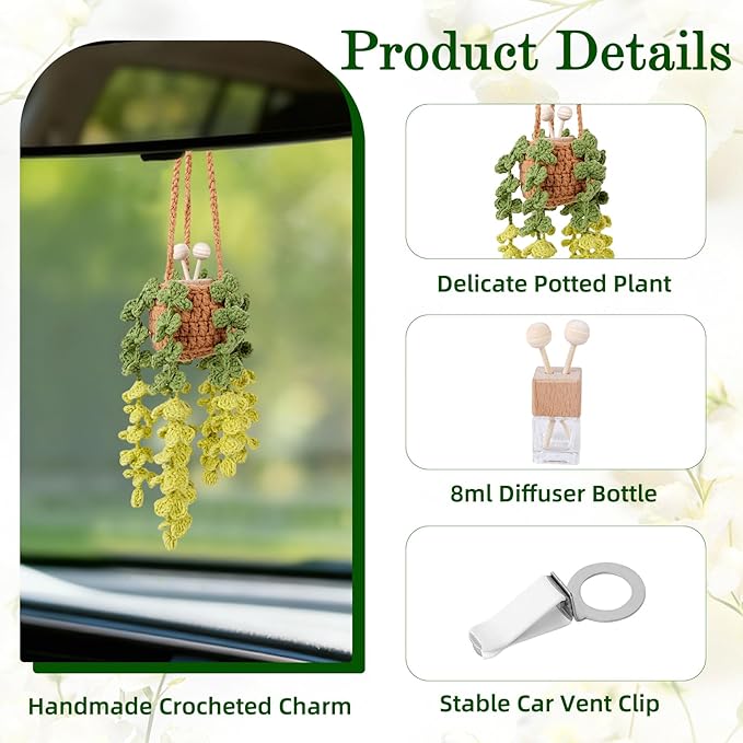 Crochet Car Air Freshener, 8ml Empty Refillable Oil Diffuser Bottle with Hanging Crochet Pink Strawberry Plant & Hanging Tools, Car Rearview Mirror Diffuser for Wall Art & Home & Office Decoration