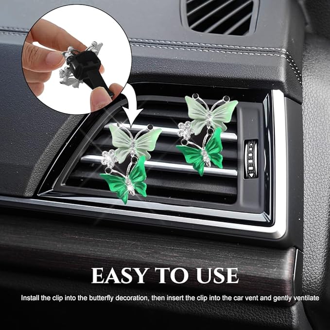 2PCS Car Air Vent Clips, Dual Butterfly Diamond Car Air Conditioner Outlet Vent Clip, Cute Car Diffuser Perfume Clip, Car Air Freshener Decor Accessories for Women Girl (Green, Style 1)