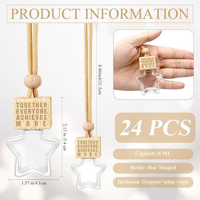 24 Pcs Star Shaped Car Fragrance Diffuser Bottle Bulk - Appreciation Gifts Set Hanging Glass Diffusers with Inspirational Message for Coworker Teacher Staff Thank You Gift (Team)