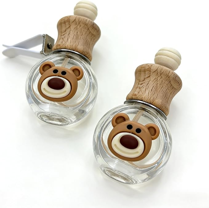 2 Pack Car Air Freshener Diffuser, Refillable Empty Glass Bottles with Vent Clip & Wooden Lid, Drift Car Air Freshener for Essential Oils, Long Lasting Car Scent Fresheners-A1