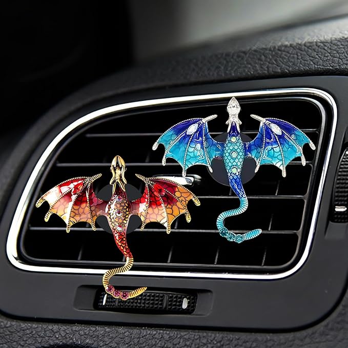 2 Pcs Bling Dragon Car Air Freshener Vent Clips, Crystal Rhinestone and Enamel Dragon Air Vent Clips Car Diffuser Cute Car Interior Decoration Accessories for Women Gift (Blue Red)