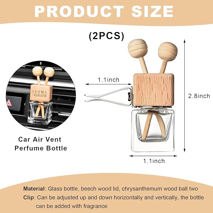2PCS Car Diffuser Air Freshener Bottle, Refillable Empty Glass Perfume Bottles with Vent Clip, Universal Essential Oil Diffuser for Most Vehicles, Interior Car Accessories (2PCS, Word)