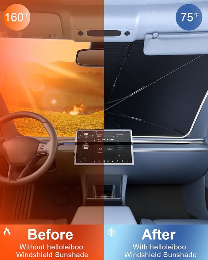 helloleiboo 𝟮𝟬𝟮𝟲 𝗨𝗽𝗴𝗿𝗮𝗱𝗲𝗱 Car Windshield Sun Shade Umbrella 53" x 30" – Foldable Sun Shade with 5-Layer Vinyl Coating, Reflective Heat & UV Protection, Fits Compact Cars & Small Sedans
