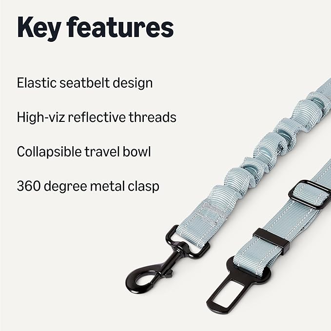 Amazon Basics Dog Seat Belt, Adjustable Dog Car Harness, Adjustable Belt:26.3inch, Collapsible Travel Bowl:5.1 x 2.2 inches / 0.6 inch, Black/Blue/Orange