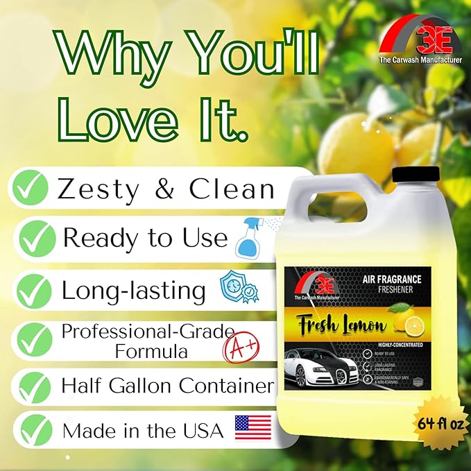 3E Car Air Freshener Concentrate – 64 oz – Professional Automotive Fragrance – Multiple Scents (Lemon)