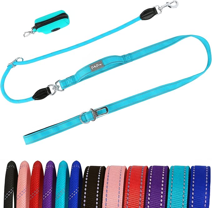 6FT Heavy Duty Dog Leash for Small Medium Large Dogs, Tangle Free Reflective Dog Training Leash with Double Handle, Seat Belt Buckle & Poop Bag Holder (Blue)