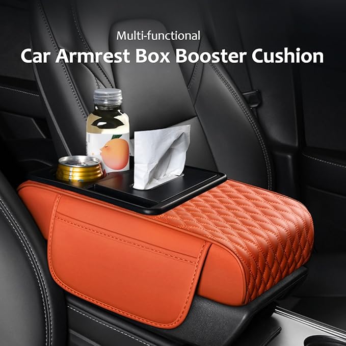 5-in-1 Car Armrest Pad Cushion, Water Ripple Embossed Center Console Booster Pad with Tissue Box, Cup Holder, Storage Bag, Phone Slot, Fit for Most Sedan Vehicles (Water Ripple Series, Black-Red)