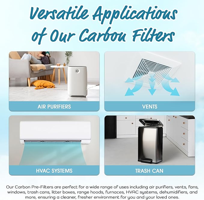 Breathe Naturally Universal Cut To Fit Carbon Activated Air Filter - Replacement Charcoal Filters - Pre Filter Carbon Sheet for Air Purifier, Vent Filters & More - Made in USA (Pack of 4, 12x12)