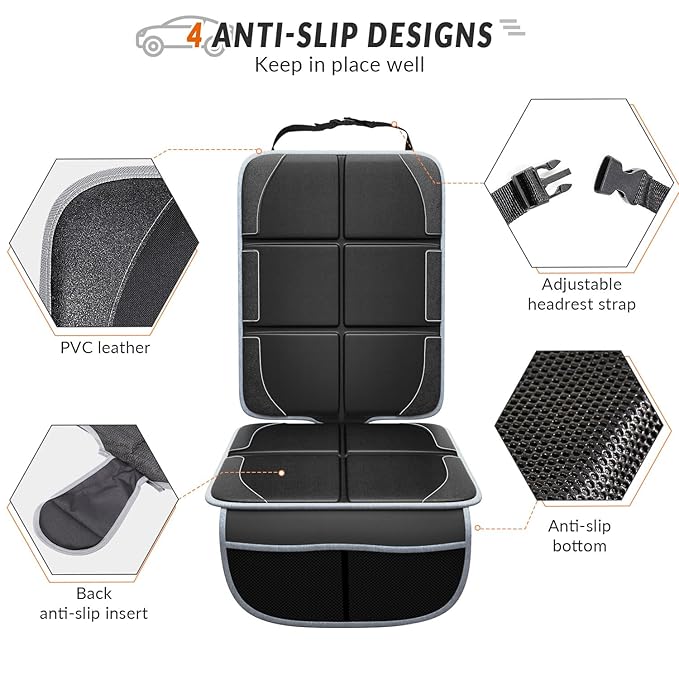 Gimars Car Seat Protector, 2 Pack, XL Thicken EPE Cushion Waterproof 600D Fabric Car Seat Cover for Child Car Seat with Nonslip Backing Mesh Pockets for Baby SUV Sedan Truck Leather Seats, Black-Gray