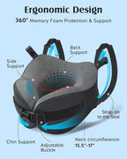 YFONG Travel Pillow for Long Flight Airplanes, Head Strap Combo with 3D Contoured Eye Mask for Sleep, Neck Pillow for Car Trip Essential, 360° Support Memory Foam Headrest, Prevent Head Bobbing, Grey