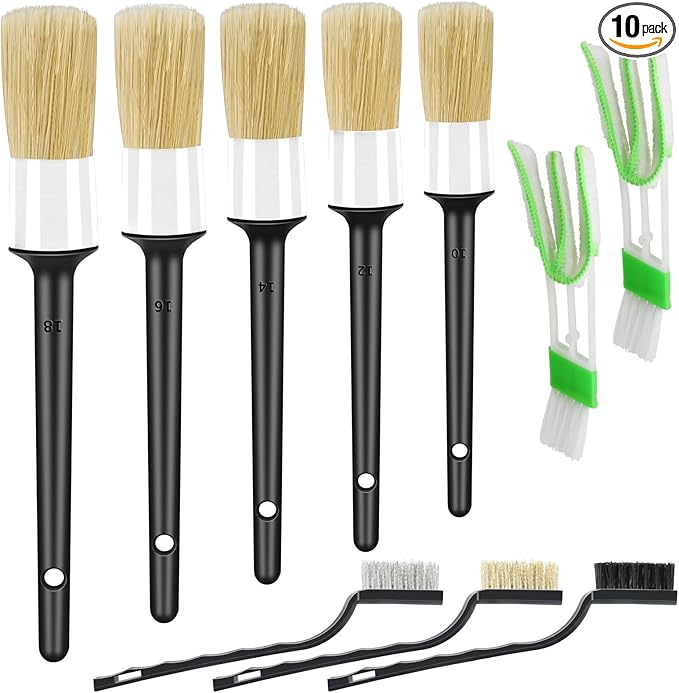 10pcs Car Detailing Kit, Premium Detailing Brush Set Includes 5 Soft Car Detailing Brushes, 3 Wire Brush, 2 Air Vent Brush for Cleaning Car Interior and Exterior Detailing, White
