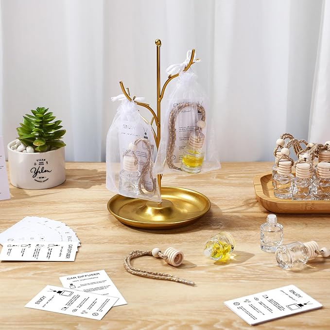 Boao 100 Sets Hanging Car Air Freshener Diffuser Bottles Empty Bulk with Car Diffuser Instruction Cards Organza Bags Glass Refillable Essential Oil Fragrance Aromatherapy Pendant (Cylindrical,Clear)