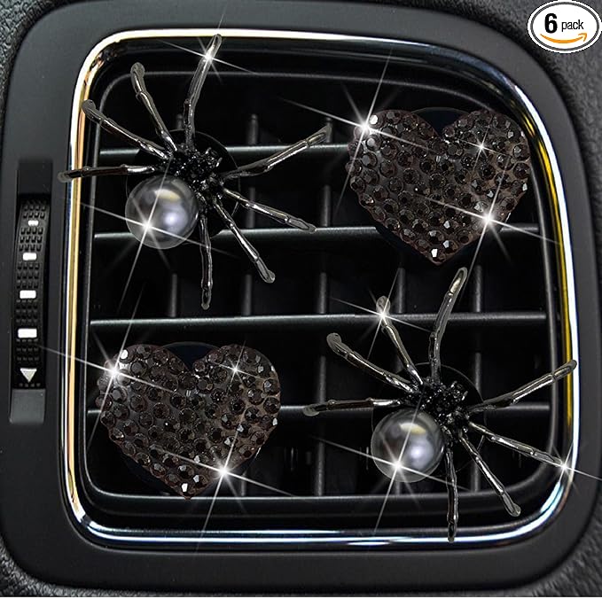4 Pcs Black Bling Spider and Heart Car Air Fresheners Vent Clips Diffuser Vent Clip Rhinestone Diamond Decoration Car Interior Decor Cute Accessories for Women, Automotive Air Fresheners